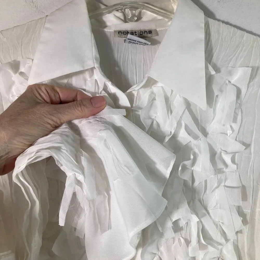 Womens Vintage Notations Crinkle Bow Bead‎ Button Shirt Bell Sleeve M White - Picture 3 of 9